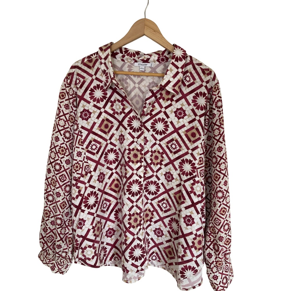 Chicos Size 4-XXL Burgundy Geometric Medallion Tencel Linen Button Down Blouse